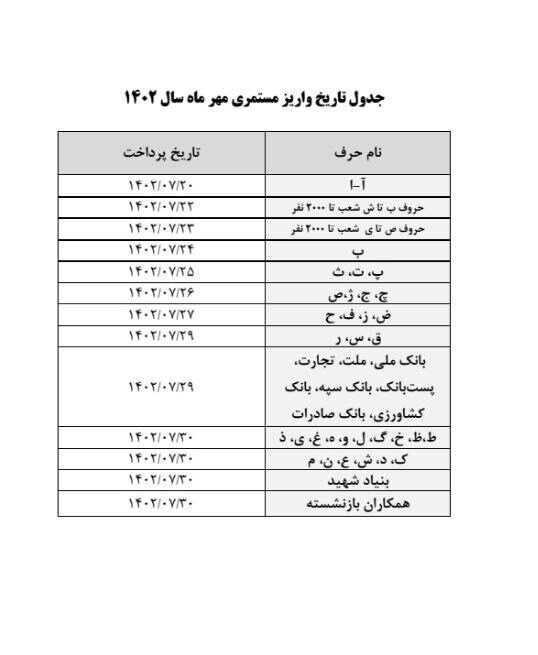 جدول پرداخت حقوق بازنشستگان در آبان ماه